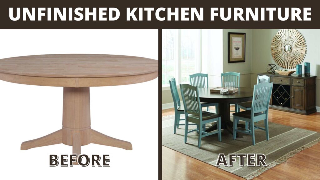 Before and after of unfinished kitchen furniture