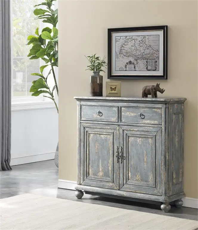 Two drawer, two door wooden cabinet distressed Joline Aged Blue finish