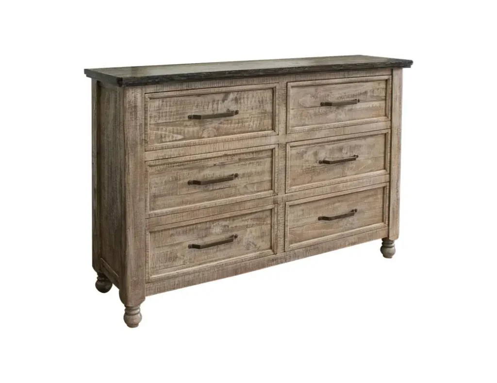 Dresser expertly handcrafted from solid pine wood, meticulously wire-brushed to enhance the depth and texture of the wood's unique grain.