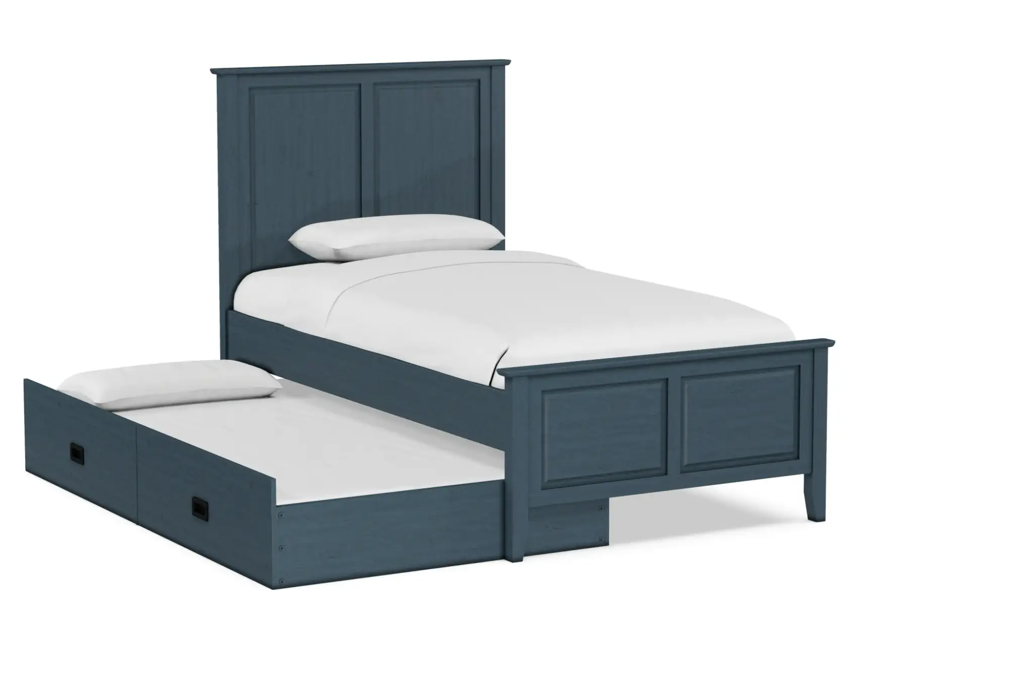 Wooden kids trundle bed in blue