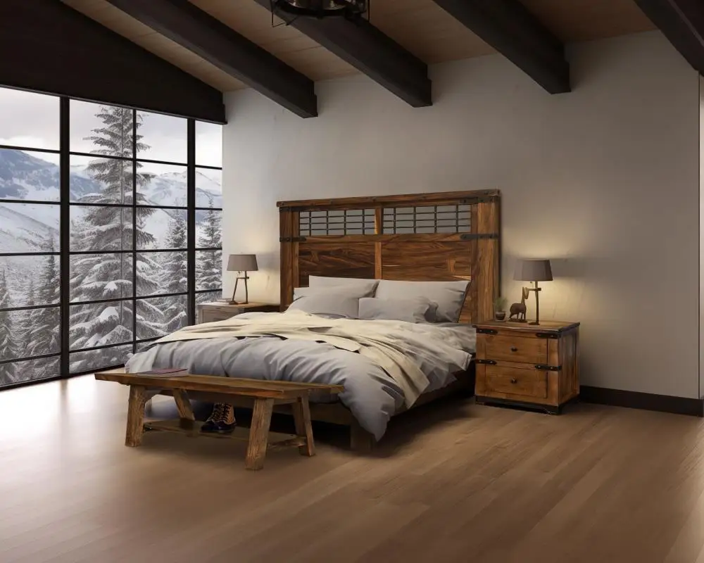 Bedroom furniture set next to window with mountain views in Colorado Springs