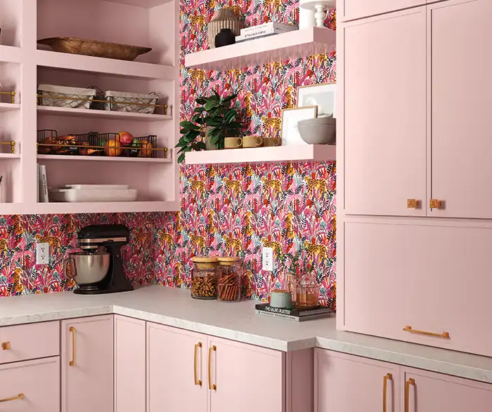 Pink kitchen cabinets showing how deep the standard ones are