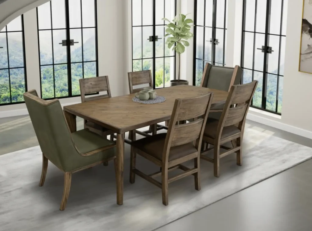 Wooden chairs around a beautiful wood dining table