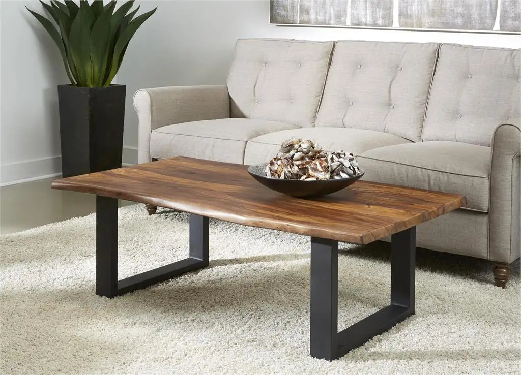 Live edge coffee table at correct height with sofa cushions