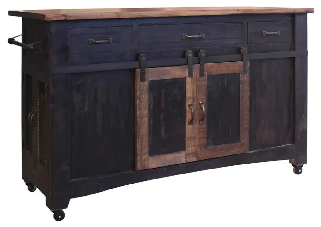 Wood kitchen island features a hand-distressed finish in black and brown on the tops.