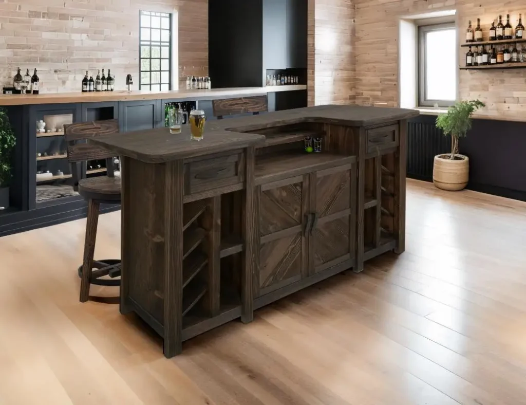 Dutton wood bar table and wood chairs