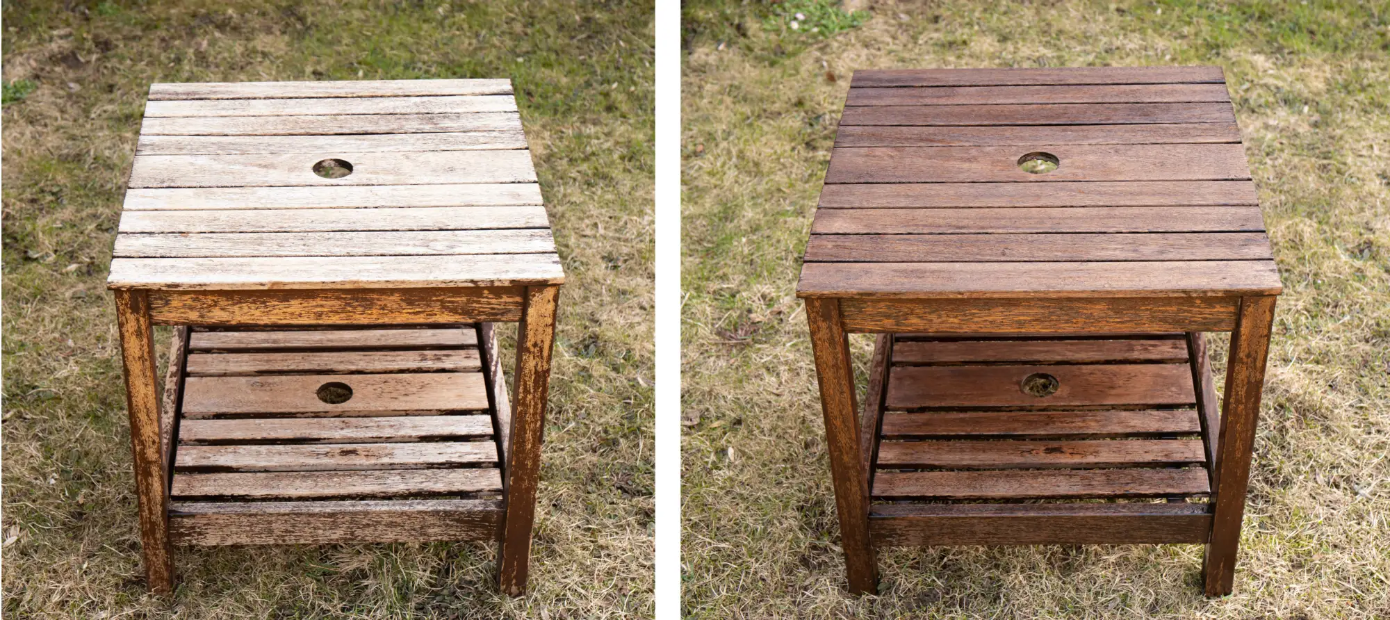 Before and after restaining wood furniture