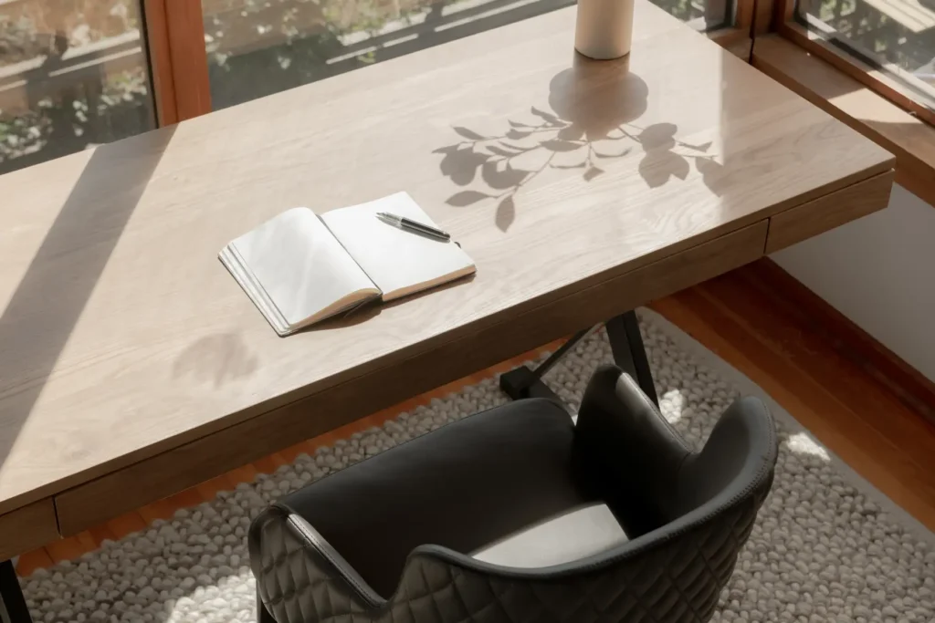 Real wood desk in a home office with great natural lighting