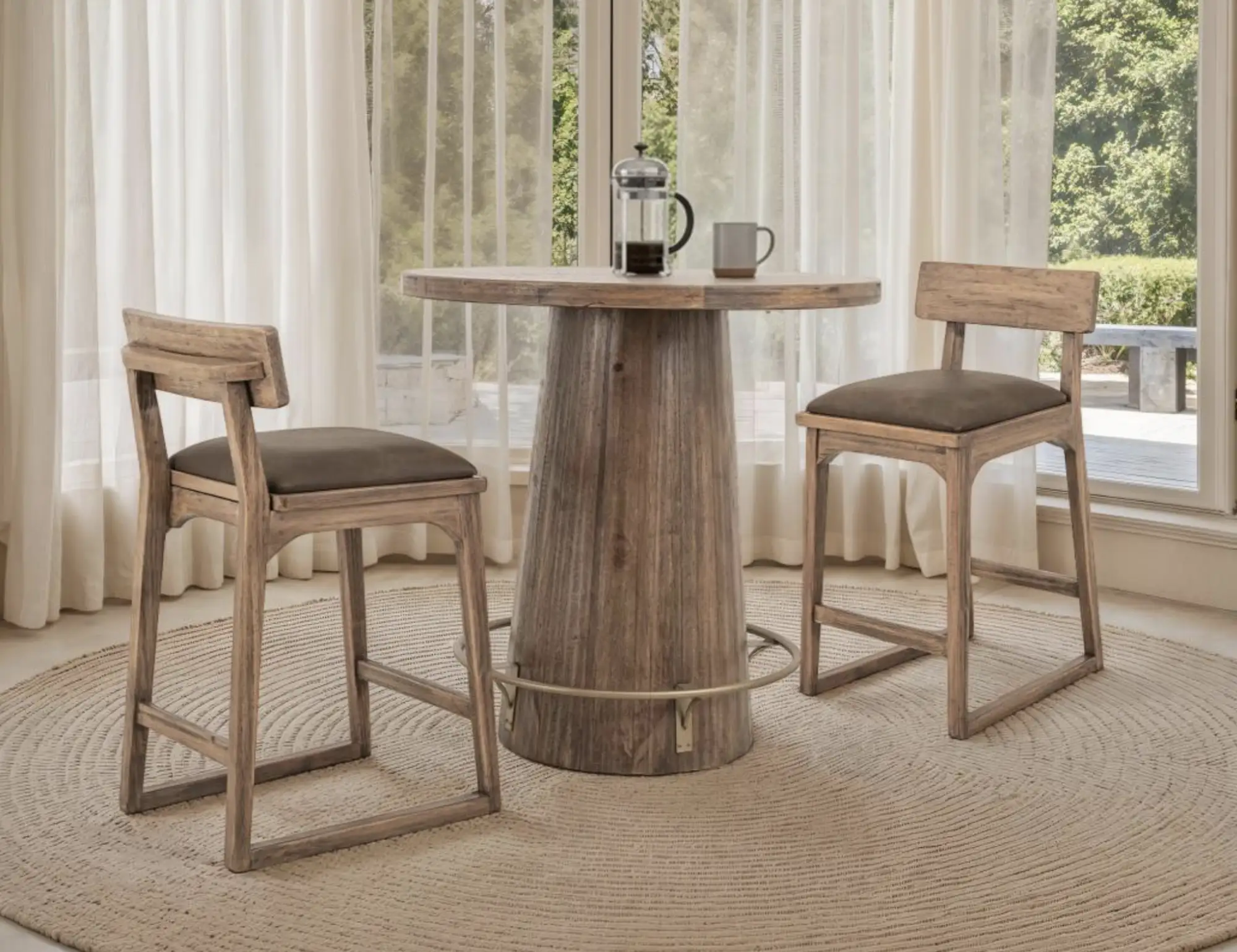 Wood bar stools at a wood table with coffee