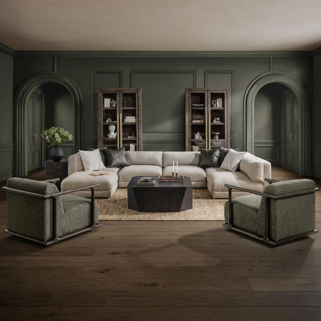 A room featuring two wood display cabinets on the back wall